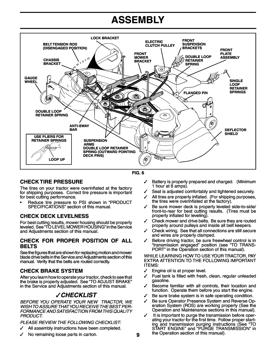 Poulan 195854 manual Check Tire Pressure, Check Deck Levelness, Check For Proper Position Of All Belts, Check Brake System 