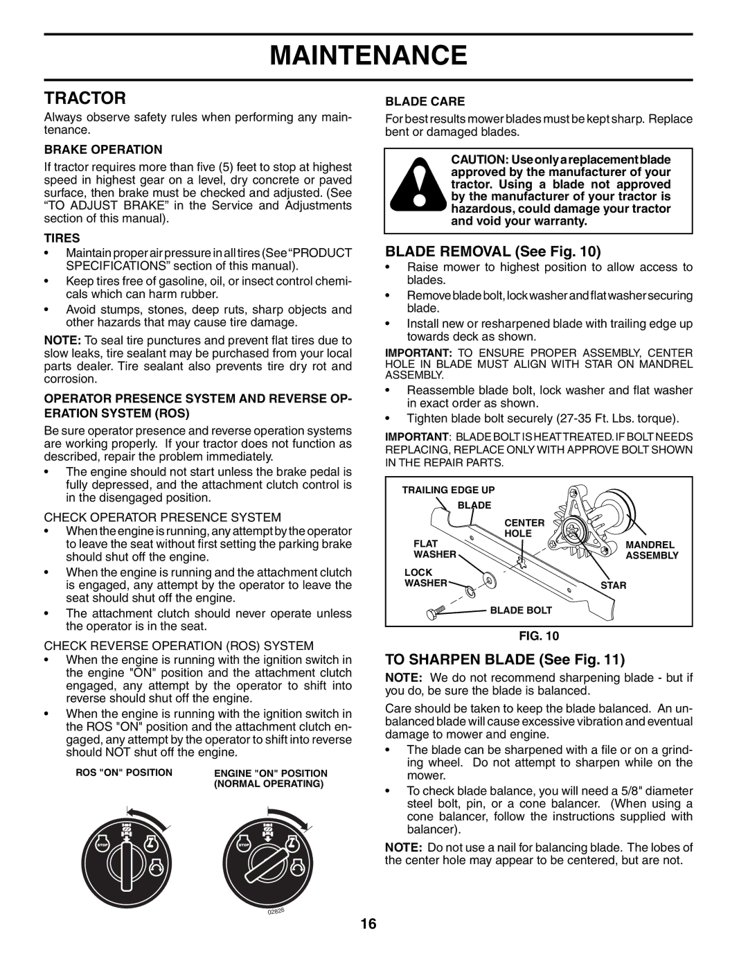 Poulan 196085 manual Tractor, Blade Removal See Fig, To Sharpen Blade See Fig, Check Operator Presence System 