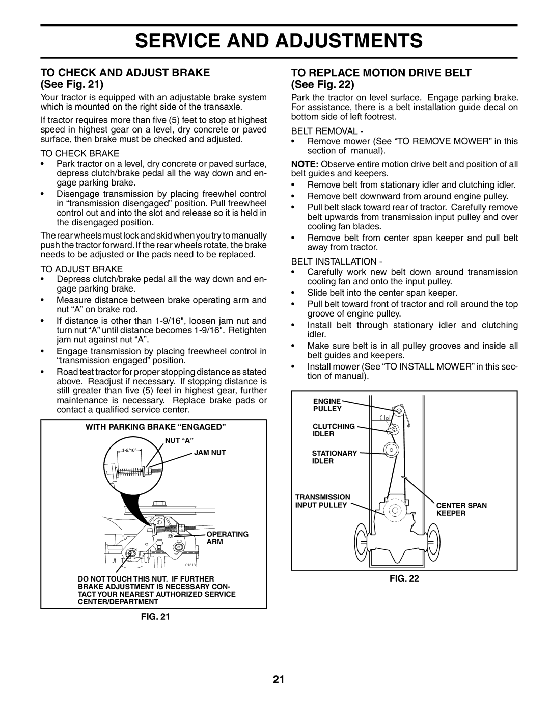 Poulan 196085 To Check and Adjust Brake See Fig, To Replace Motion Drive Belt See Fig, To Check Brake, To Adjust Brake 