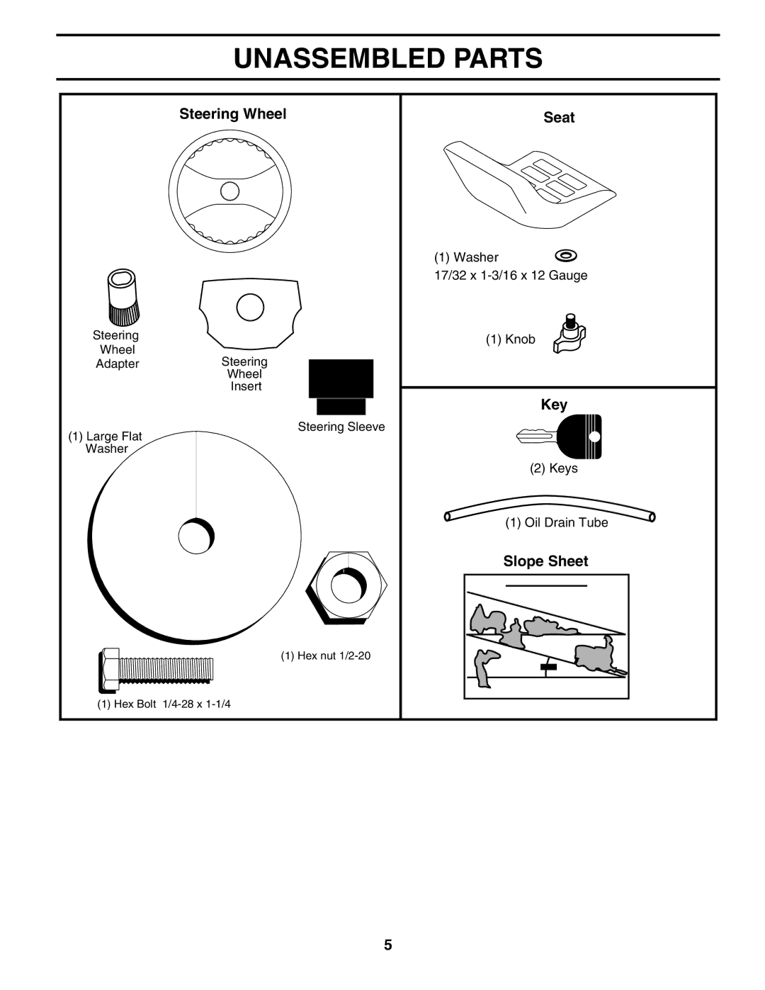 Poulan 196085 manual Unassembled Parts, Steering Wheel Seat, Key, Slope Sheet 