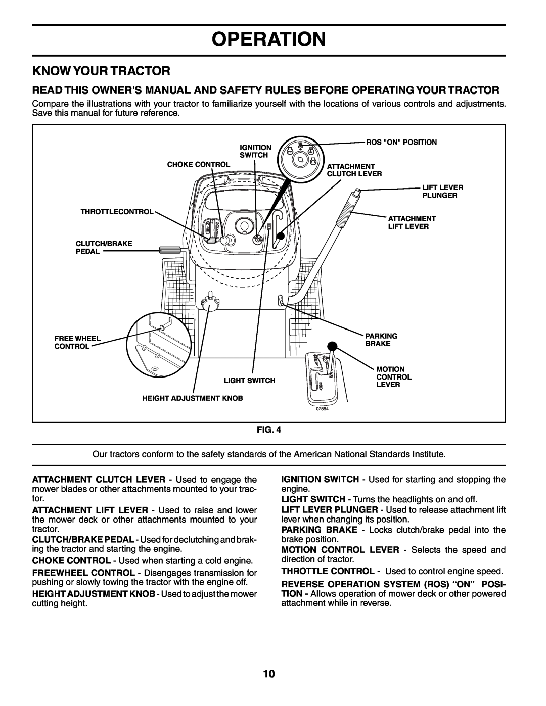 Poulan 196085 manual Know Your Tractor, Operation, HEIGHT ADJUSTMENT KNOB - Used to adjust the mower cutting height 