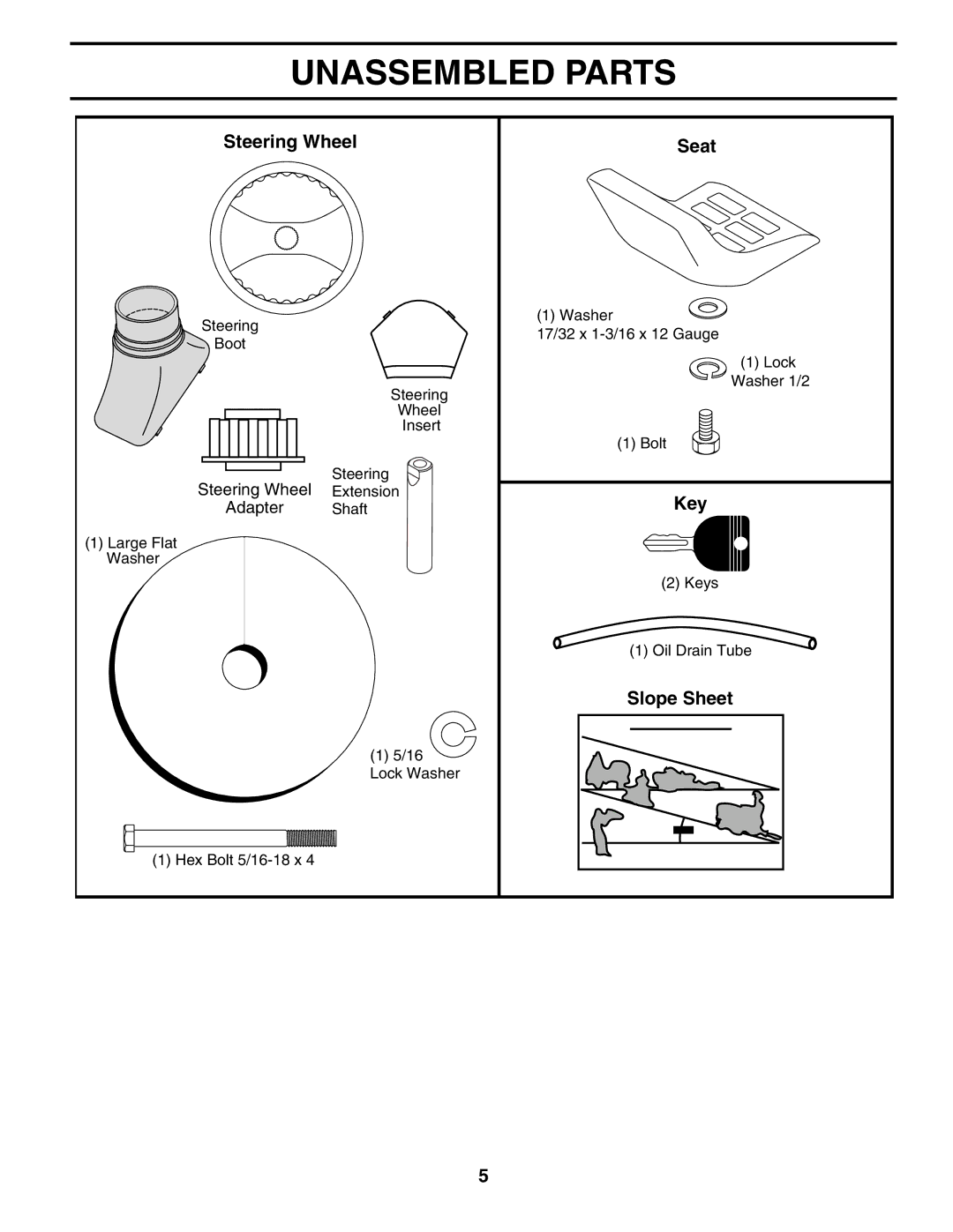 Poulan 197022 manual Unassembled Parts, Steering Wheel Seat, Slope Sheet 