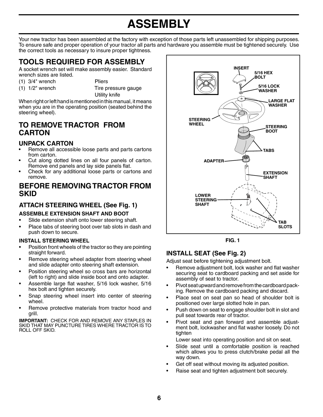 Poulan 197022 manual Tools Required for Assembly, To Remove Tractor from Carton, Before Removing Tractor from Skid 