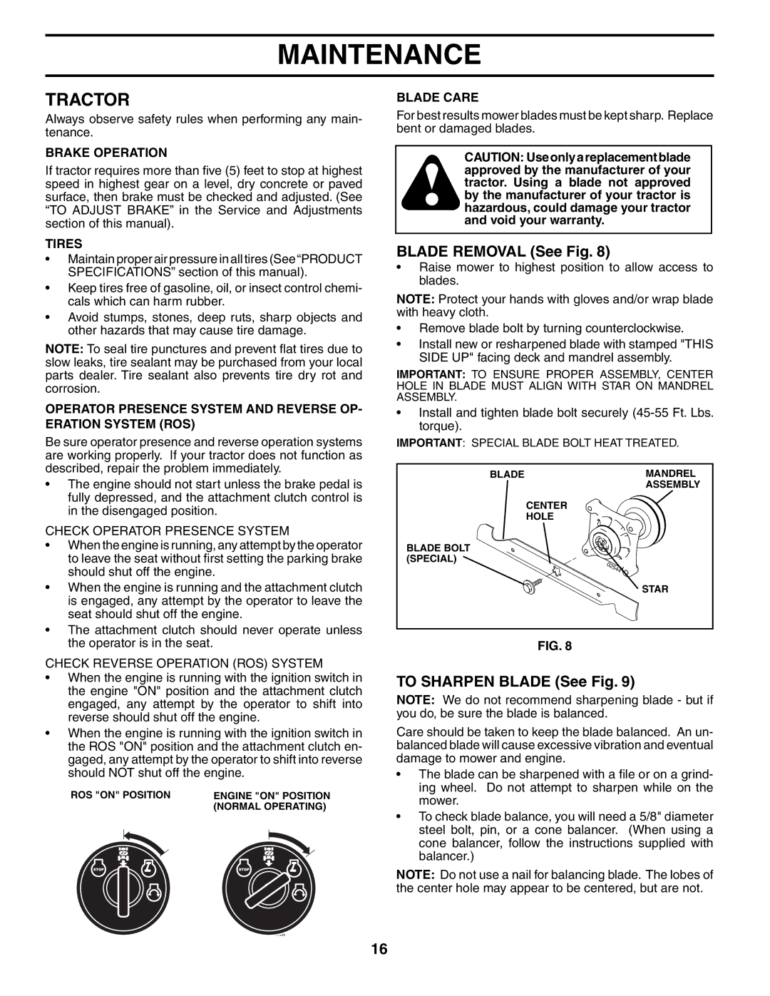 Poulan 197053 manual Tractor, Blade Removal See Fig, To Sharpen Blade See Fig 