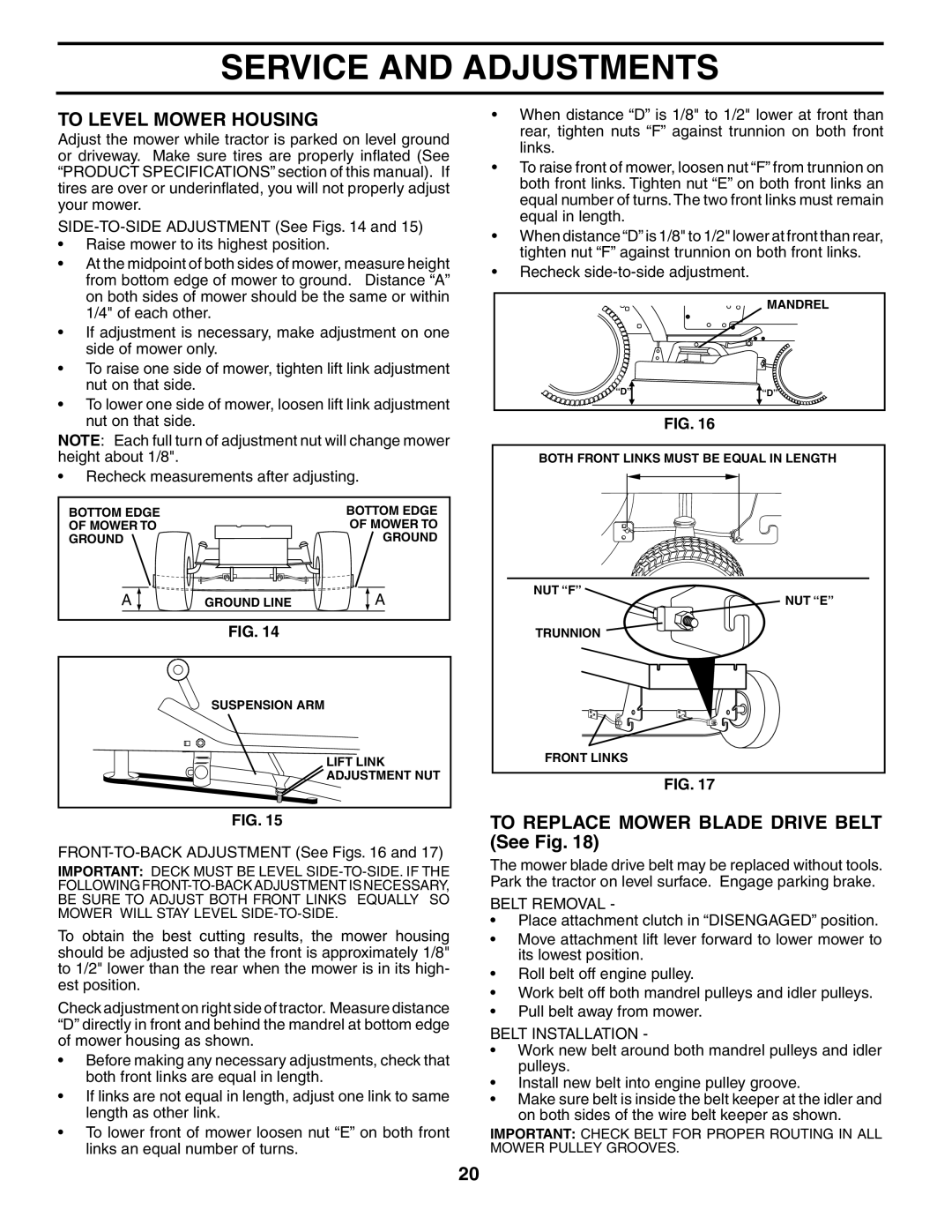 Poulan 197053 manual To Level Mower Housing, To Replace Mower Blade Drive Belt See Fig, Belt Removal, Belt Installation 