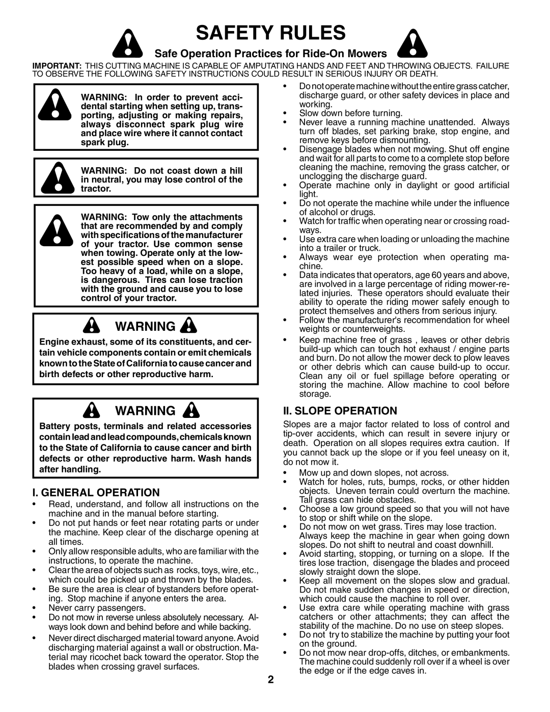 Poulan 197418 manual Safety Rules, Safe Operation Practices for Ride-On Mowers, General Operation, II. Slope Operation 