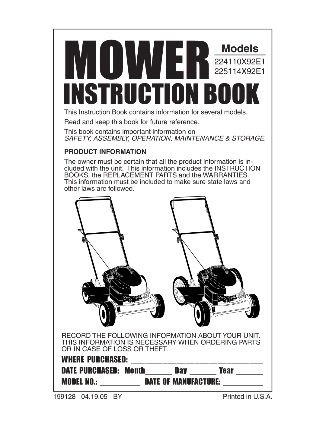 Poulan 224110X92E1, 199128, 225114X92E1 manual Mower Models, Product Information 