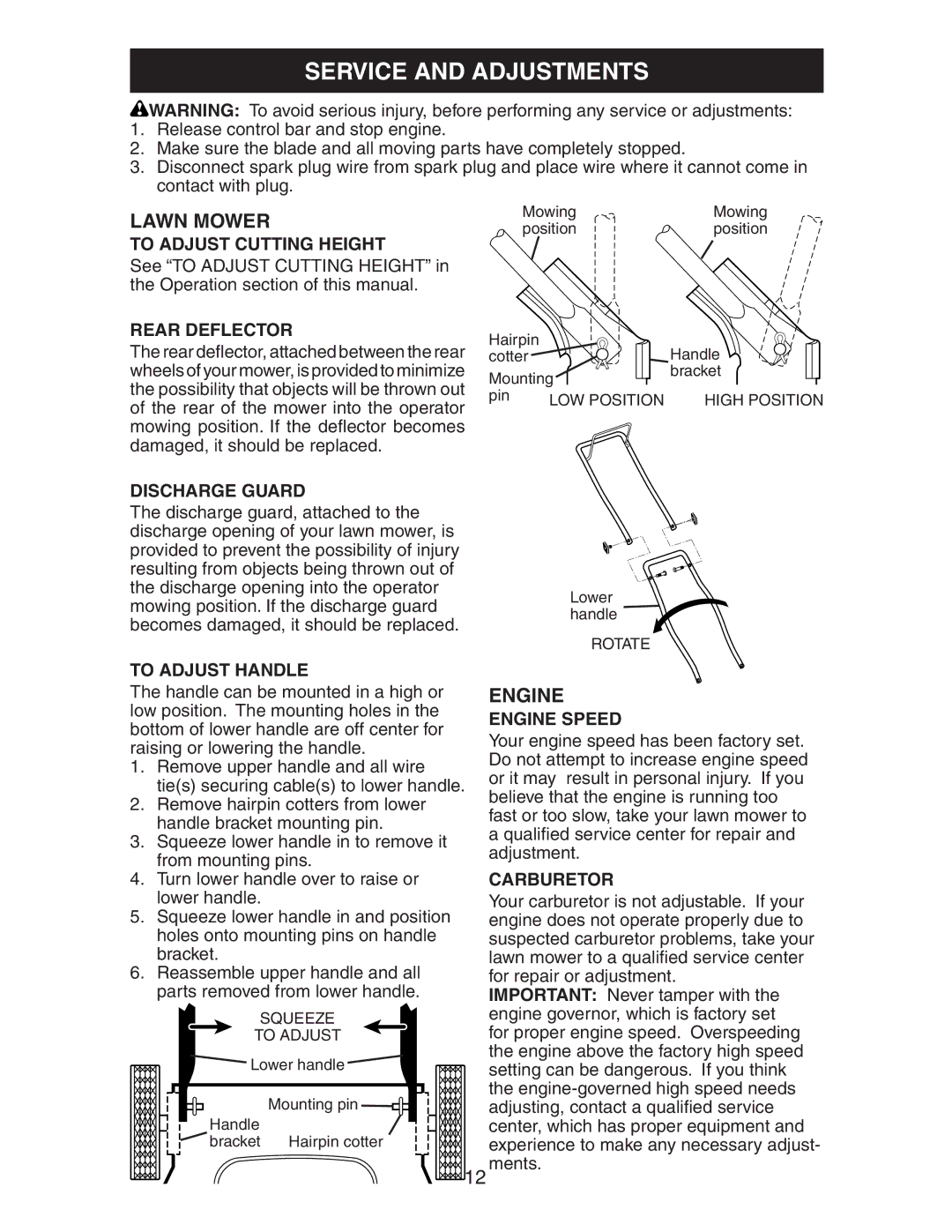 Poulan 199128, 224110X92E1 manual Service and Adjustments, Rear Deflector, Discharge Guard, To Adjust Handle, Carburetor 