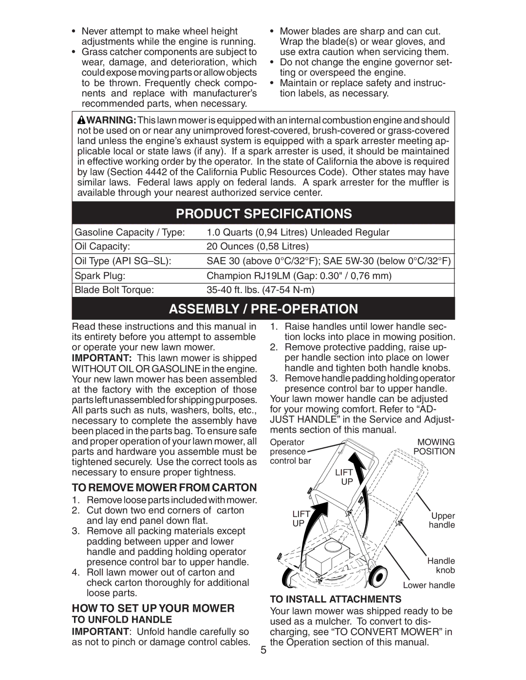 Poulan 225114X92E1 Product Specifications, Assembly / PRE-OPERATION, To Remove Mower from Carton, HOW to SET UP Your Mower 