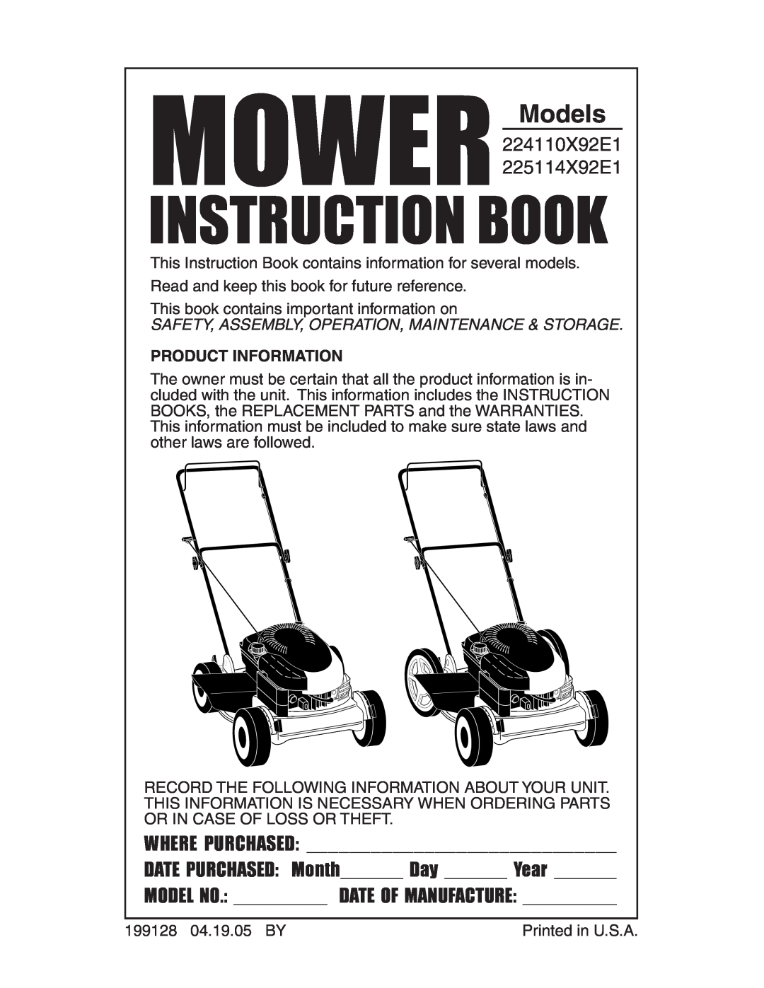 Poulan 199128 manual Product Information, MOWER Models, Instruction Book, 224110X92E1 225114X92E1, Where Purchased 