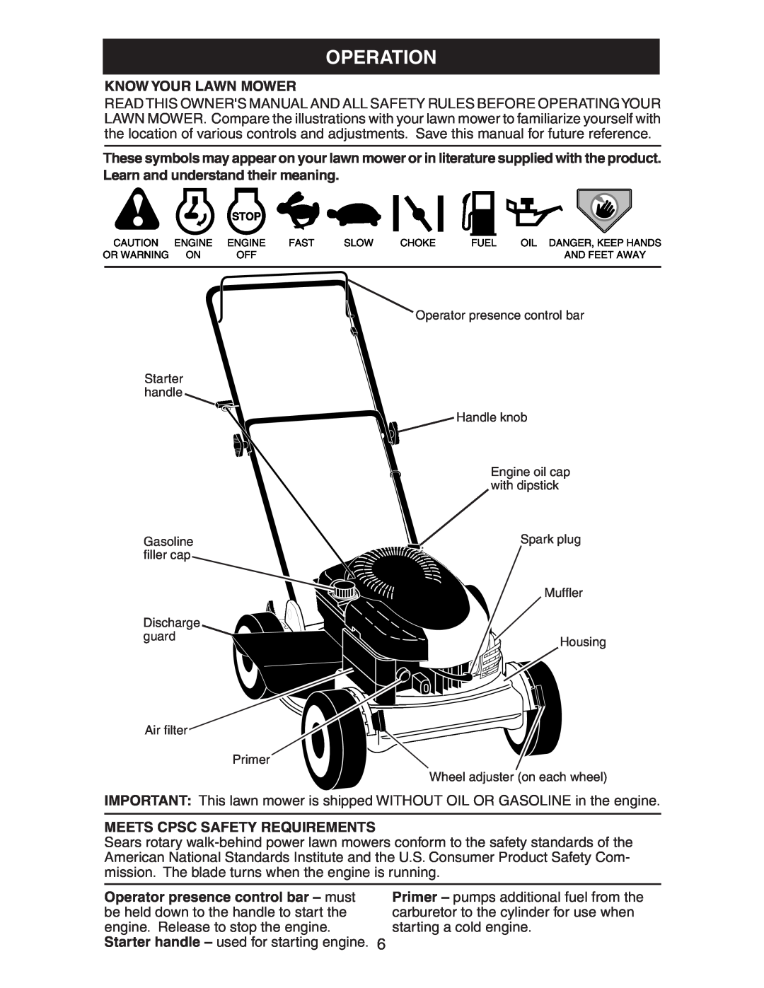 Poulan 199128, 224110X92E1, 225114X92E1 manual Operation, Know Your Lawn Mower, Meets Cpsc Safety Requirements 