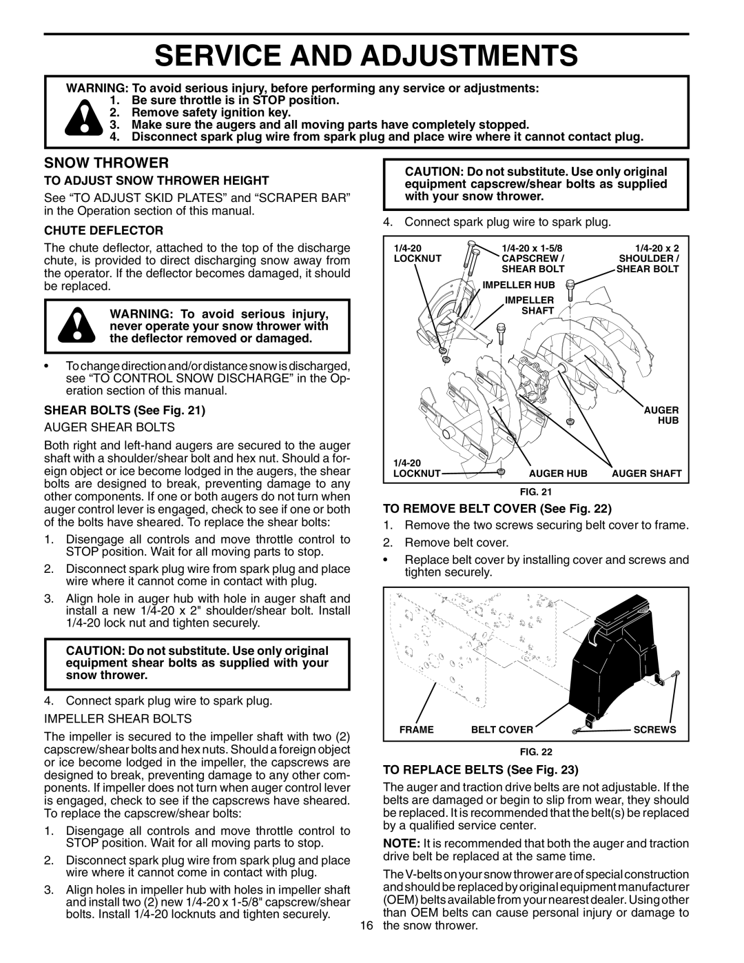 Poulan 199248 owner manual Service and Adjustments, To Adjust Snow Thrower Height, Chute Deflector 