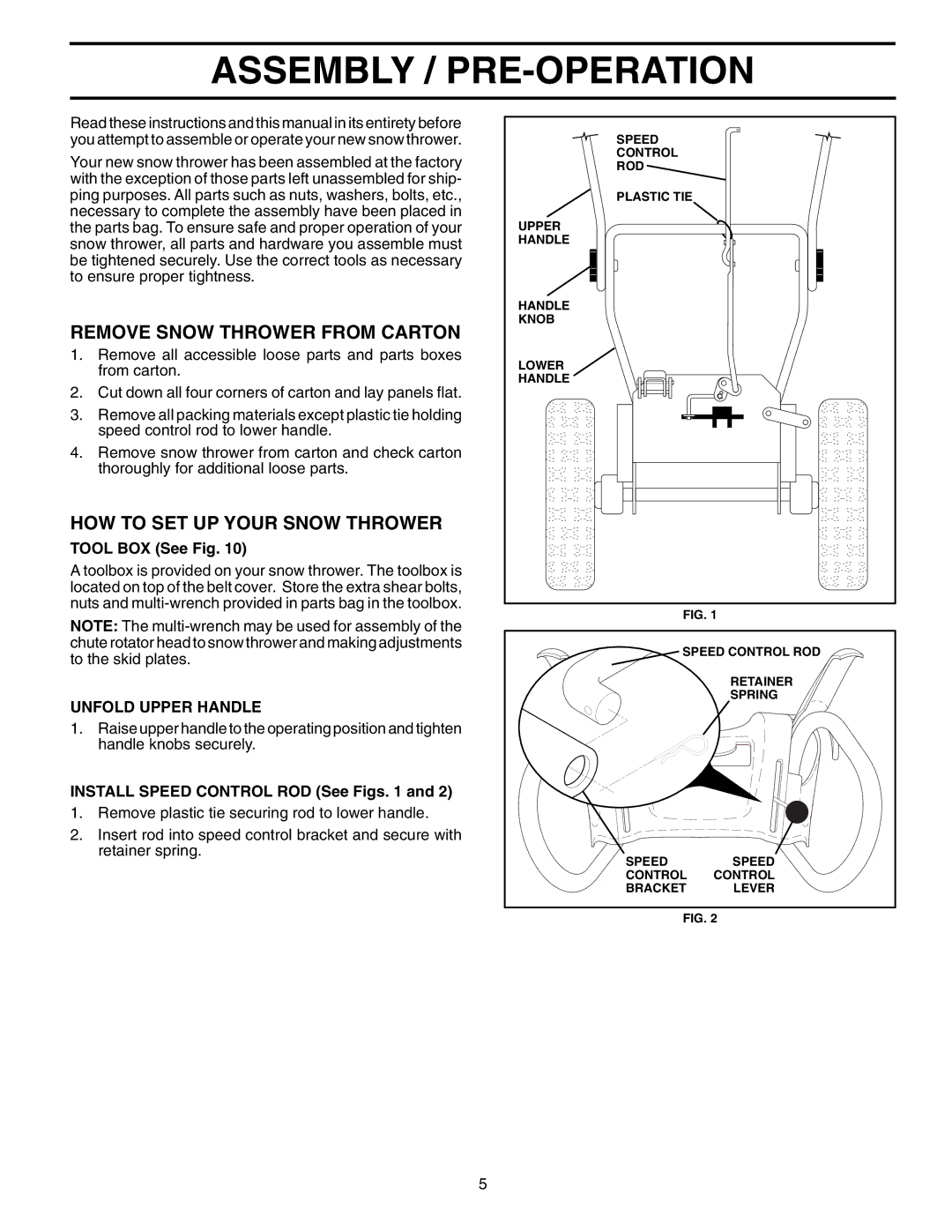 Poulan 199248 owner manual Assembly / PRE-OPERATION, Remove Snow Thrower from Carton, HOW to SET UP Your Snow Thrower 