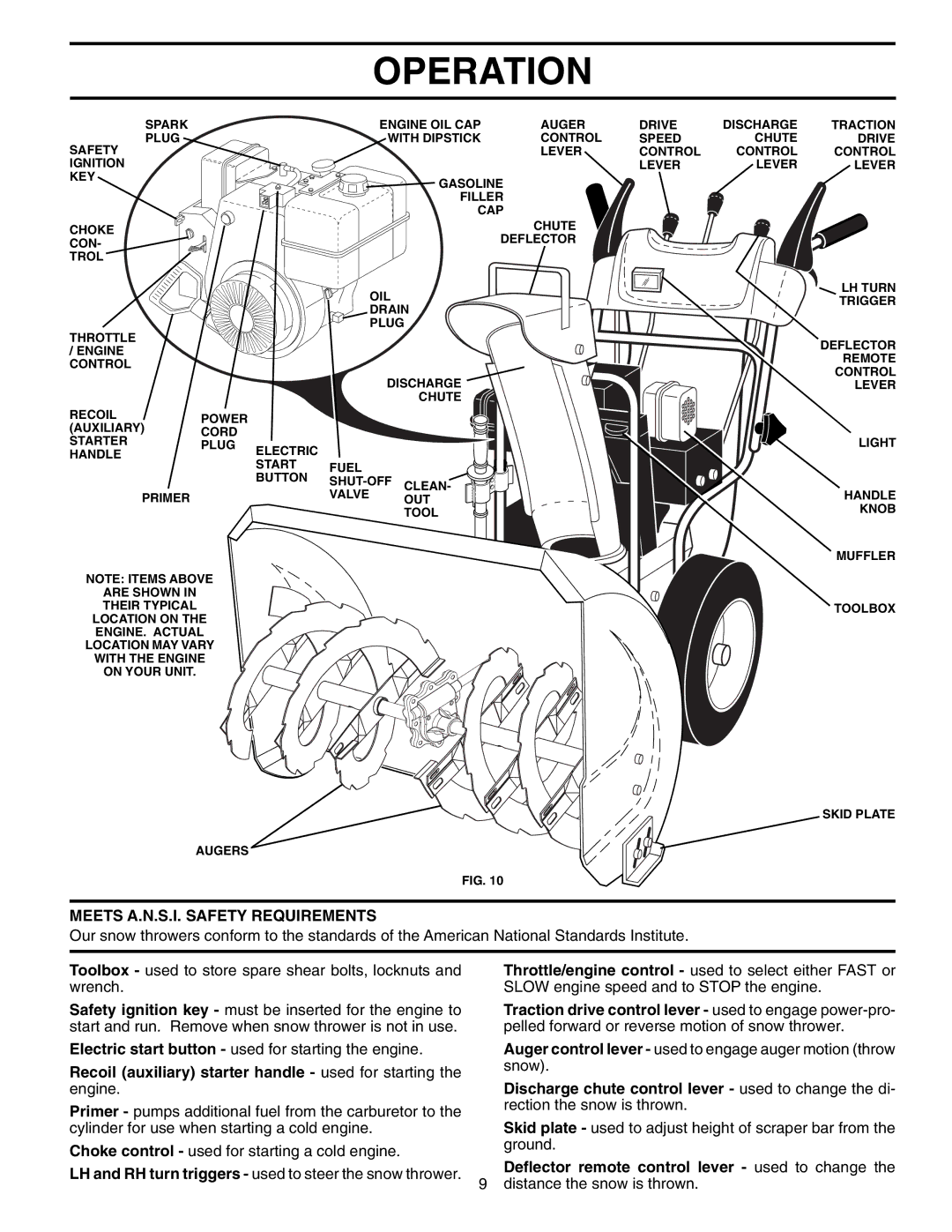 Poulan 199248 owner manual Meets A.N.S.I. Safety Requirements, Deﬂector remote control lever used to change 