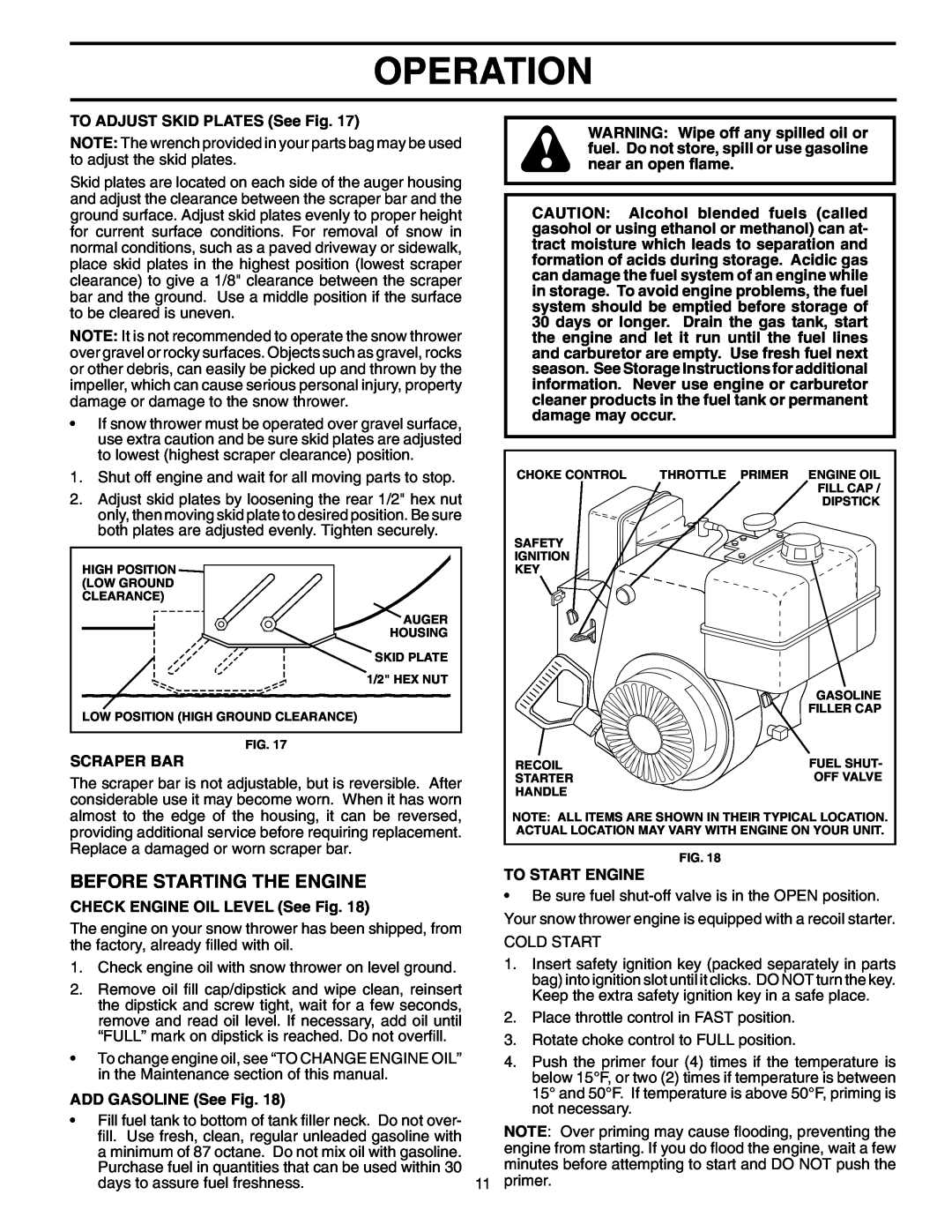Poulan 199350 Before Starting The Engine, Operation, TO ADJUST SKID PLATES See Fig, Scraper Bar, ADD GASOLINE See Fig 