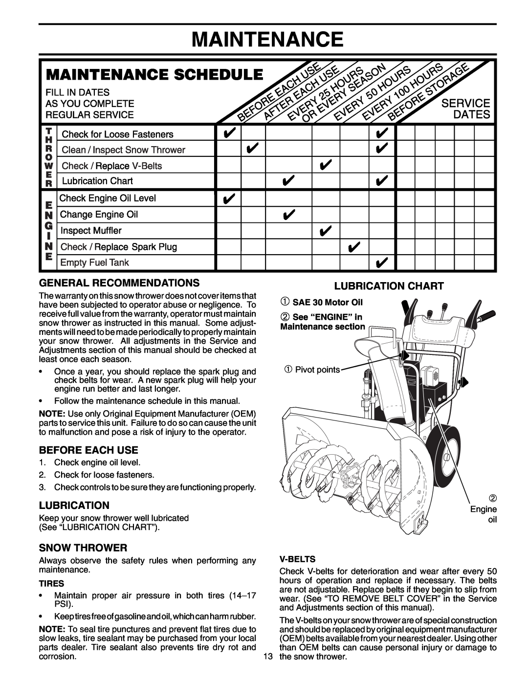 Poulan 199350 Maintenance, General Recommendations, Before Each Use, Lubrication Chart, Snow Thrower, Tires, V-Belts 