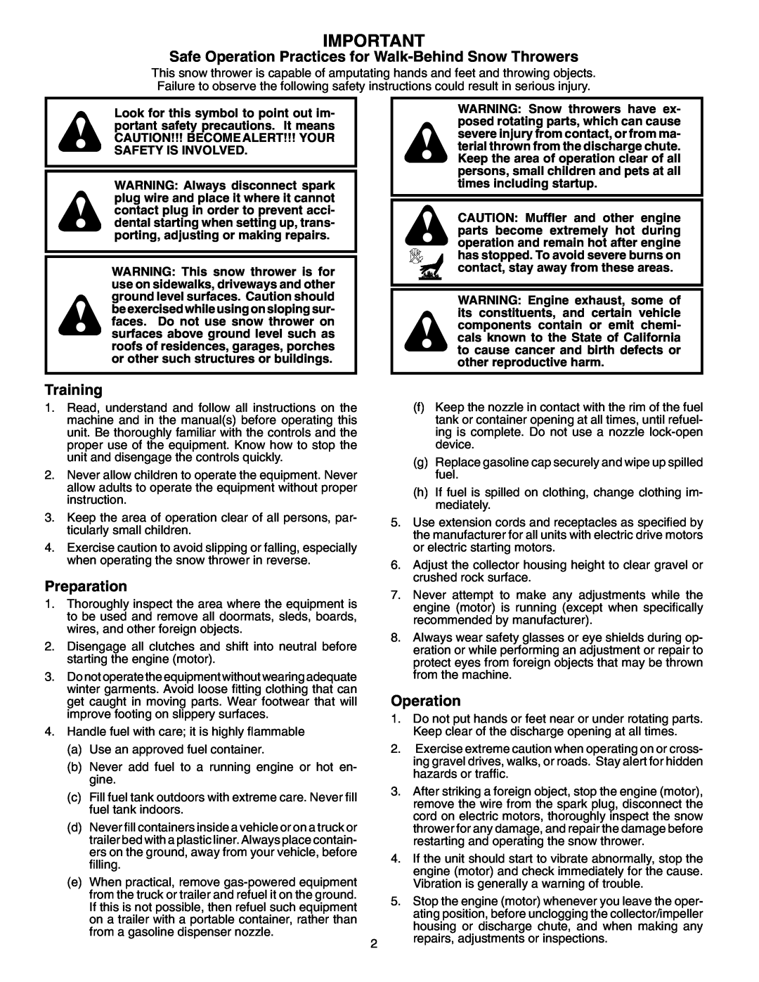 Poulan 199350 owner manual Safe Operation Practices for Walk-Behind Snow Throwers, Training, Preparation 