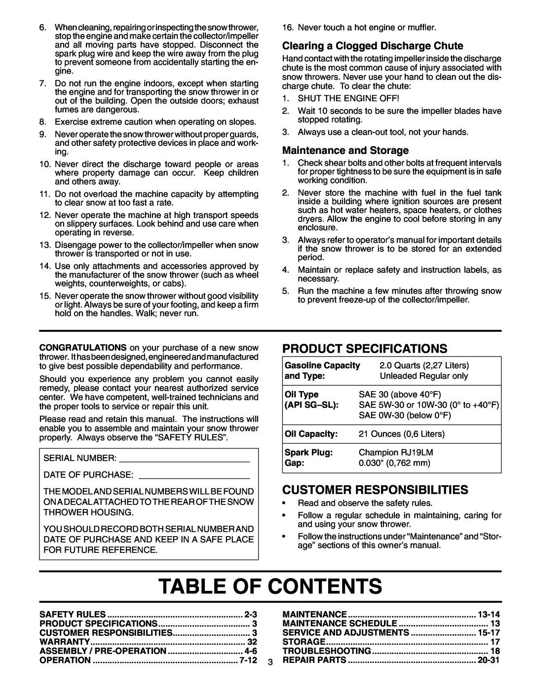 Poulan 199350 Table Of Contents, Clearing a Clogged Discharge Chute, Maintenance and Storage, Product Specifications, 7-12 