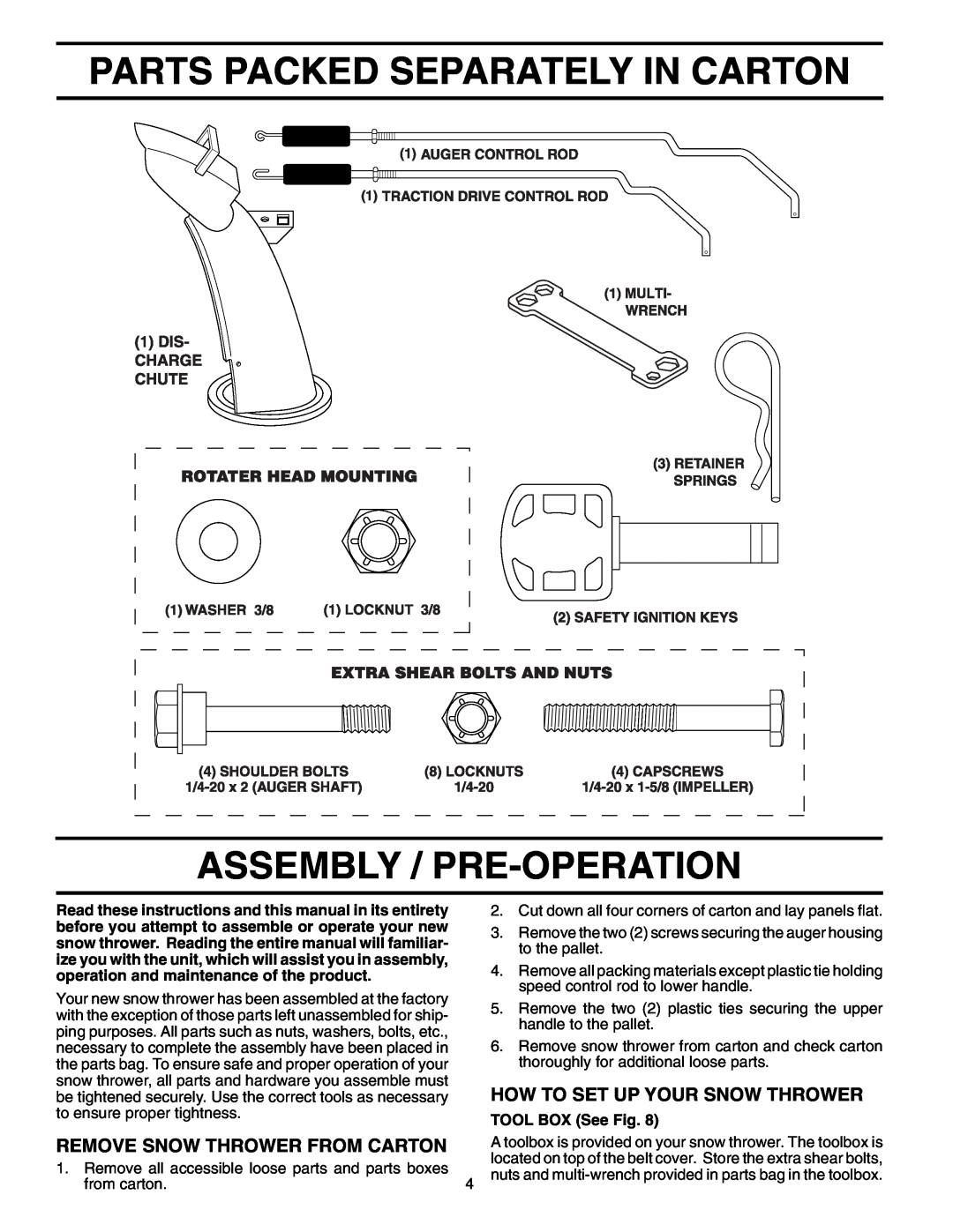 Poulan 199350 owner manual Parts Packed Separately In Carton Assembly / Pre-Operation, How To Set Up Your Snow Thrower 