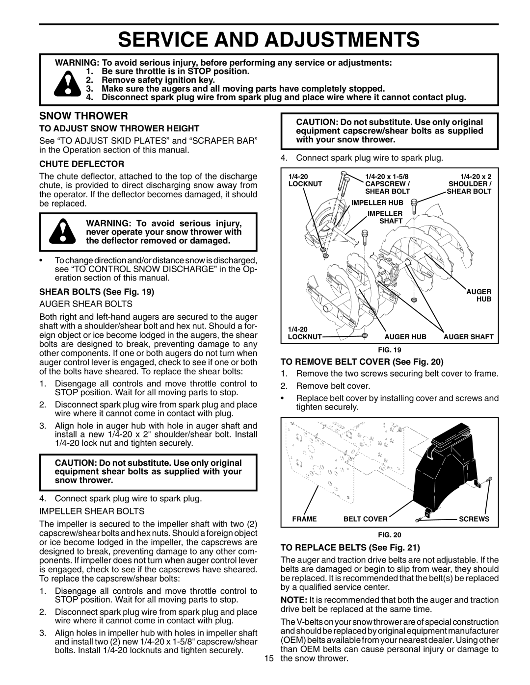 Poulan 199350 owner manual Service and Adjustments, To Adjust Snow Thrower Height, Chute Deflector 