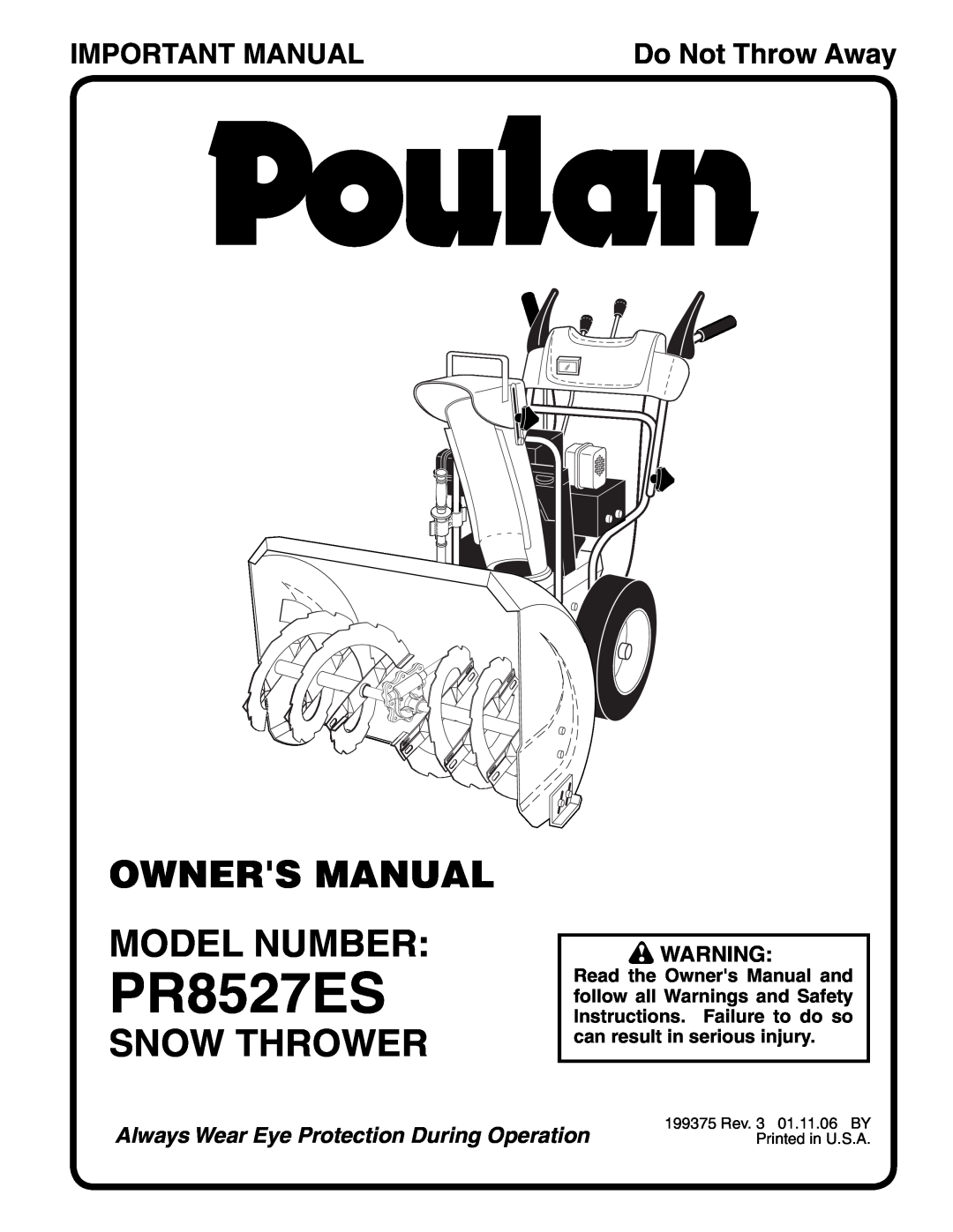 Poulan 199375 owner manual Snow Thrower, Important Manual, PR8527ES, Do Not Throw Away 