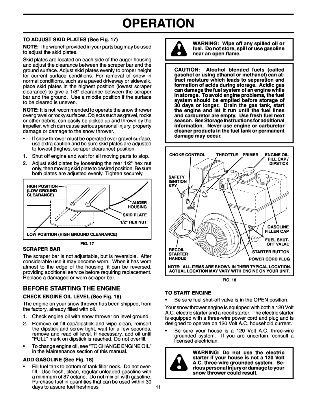 Poulan 199375 Before Starting The Engine, Operation, TO ADJUST SKID PLATES See Fig, Scraper Bar, ADD GASOLINE See Fig 