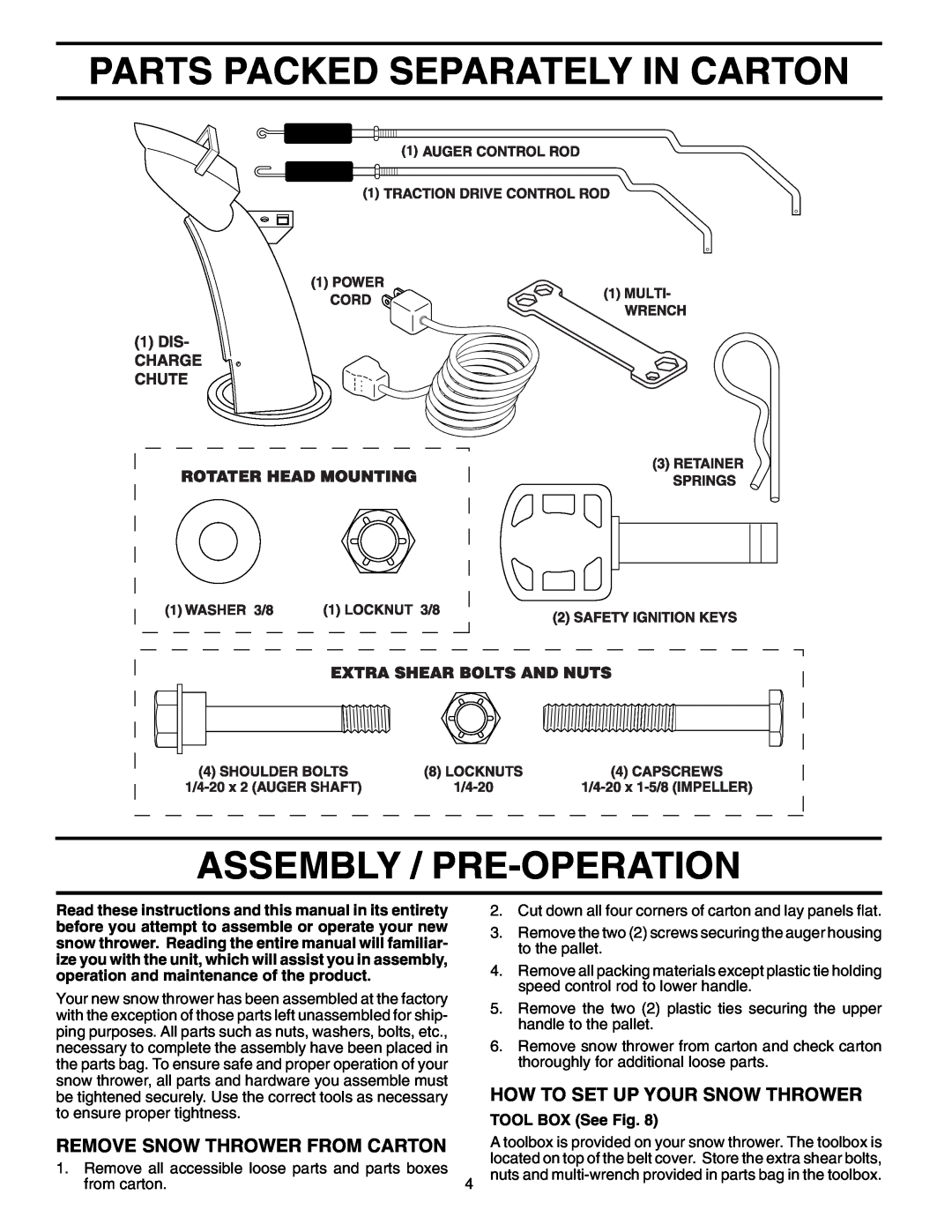 Poulan 199375 owner manual Parts Packed Separately In Carton, Assembly / Pre-Operation, How To Set Up Your Snow Thrower 