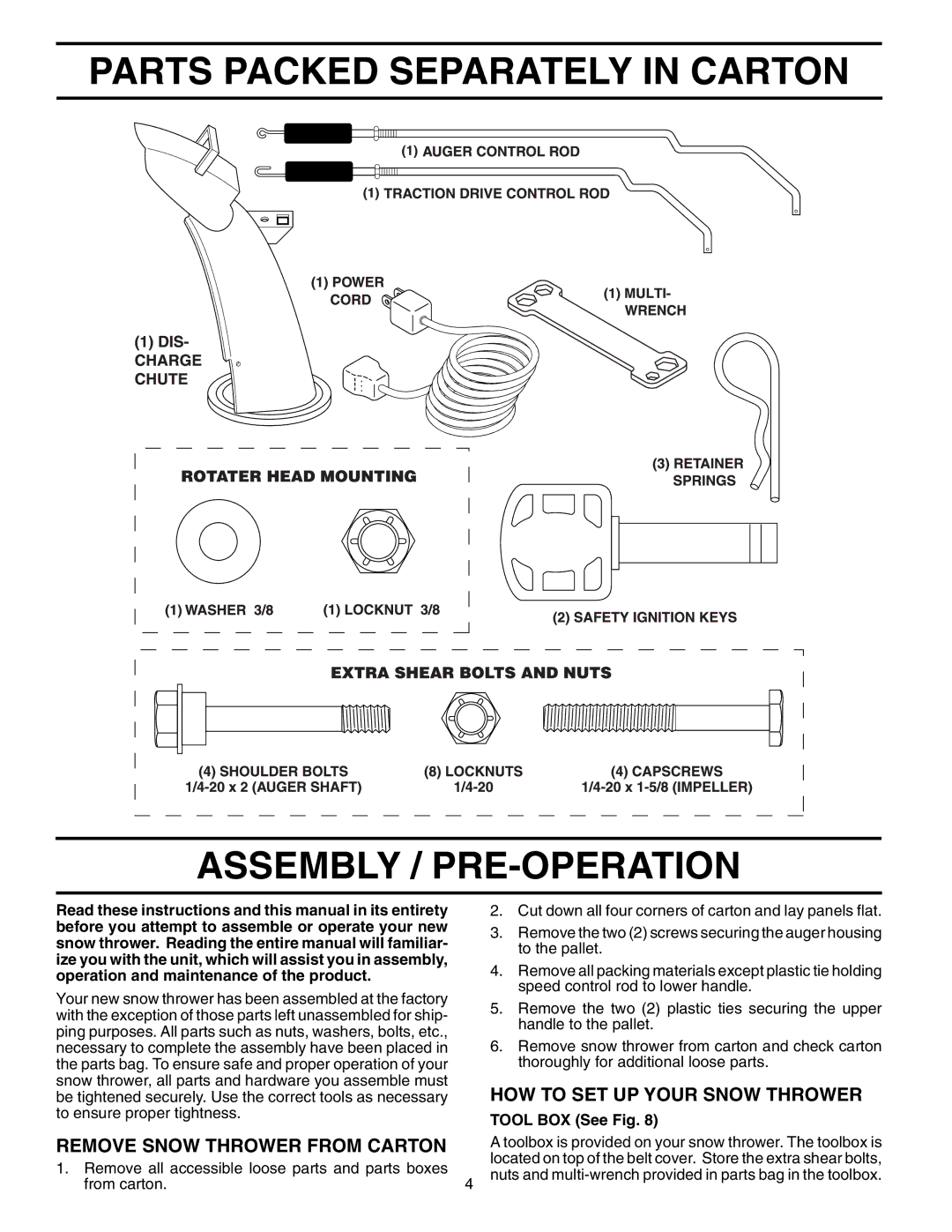 Poulan 199375 owner manual Parts Packed Separately in Carton Assembly / PRE-OPERATION, HOW to SET UP Your Snow Thrower 