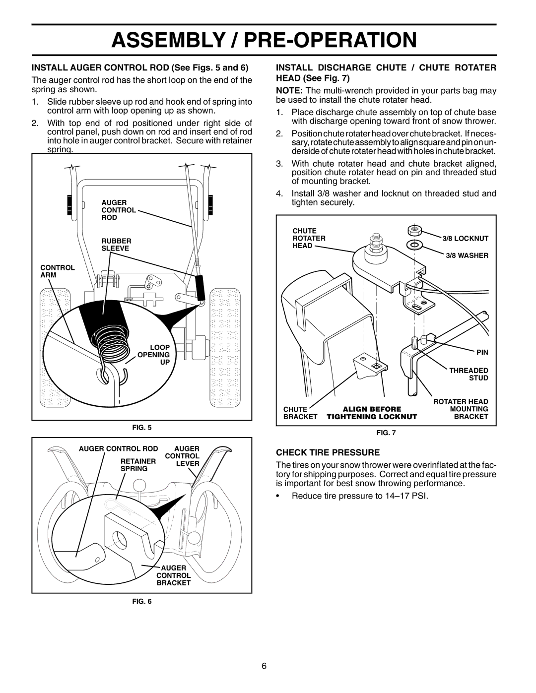 Poulan 199375 owner manual Install Auger Control ROD See Figs, Install Discharge Chute / Chute Rotater Head See Fig 