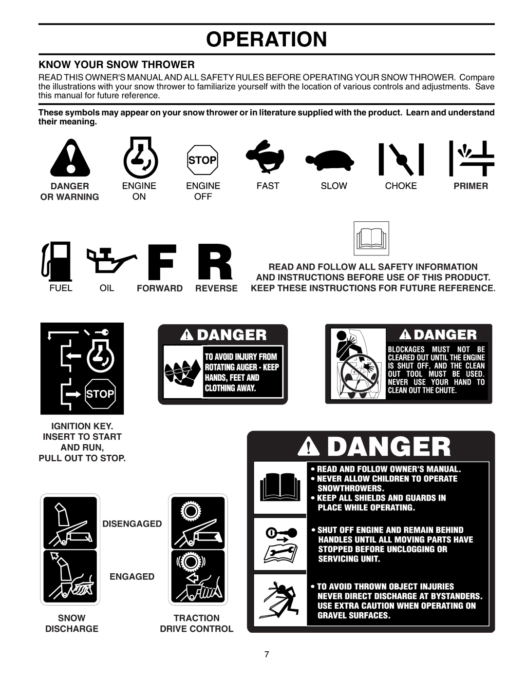 Poulan 199375 owner manual Operation, Know Your Snow Thrower, Primer, Ignition KEY, Pull OUT to Stop 