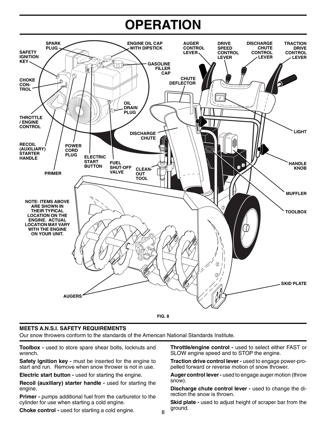 Poulan 199375 owner manual Meets A.N.S.I. Safety Requirements, Recoil auxiliary starter handle used for starting the engine 