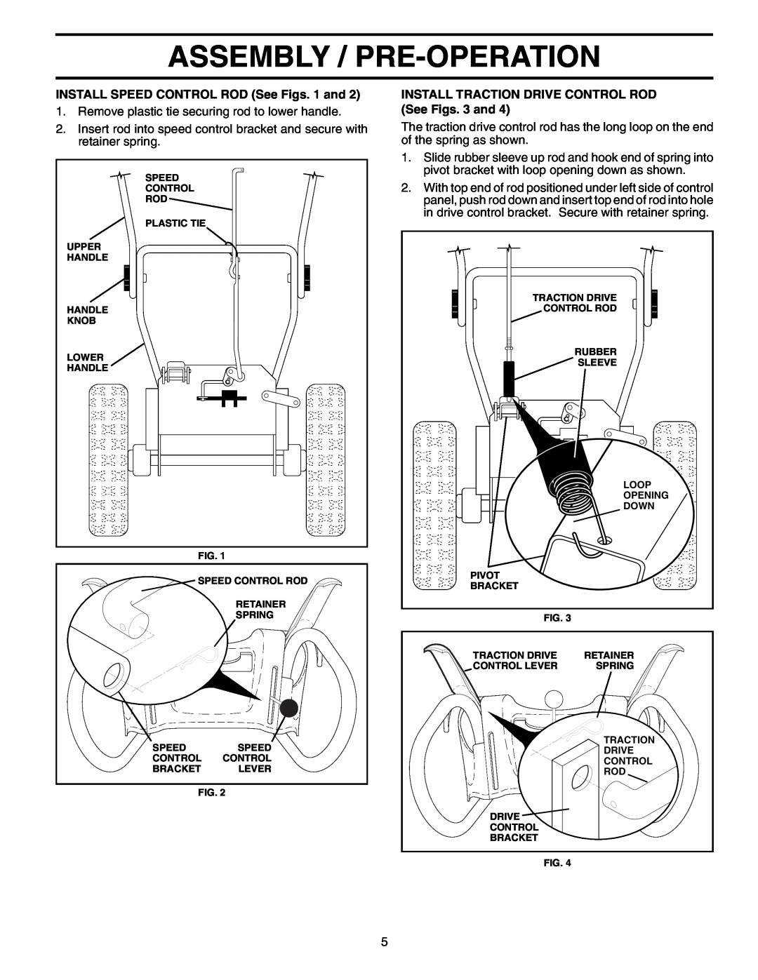 Poulan 199434 owner manual Assembly / Pre-Operation, INSTALL SPEED CONTROL ROD See Figs. 1 and 