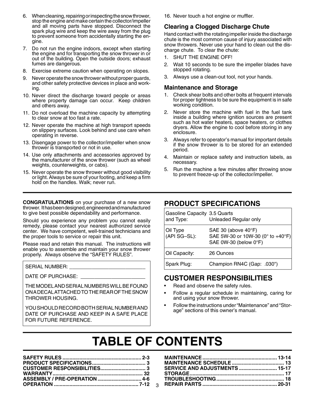 Poulan 199434 owner manual Table of Contents 