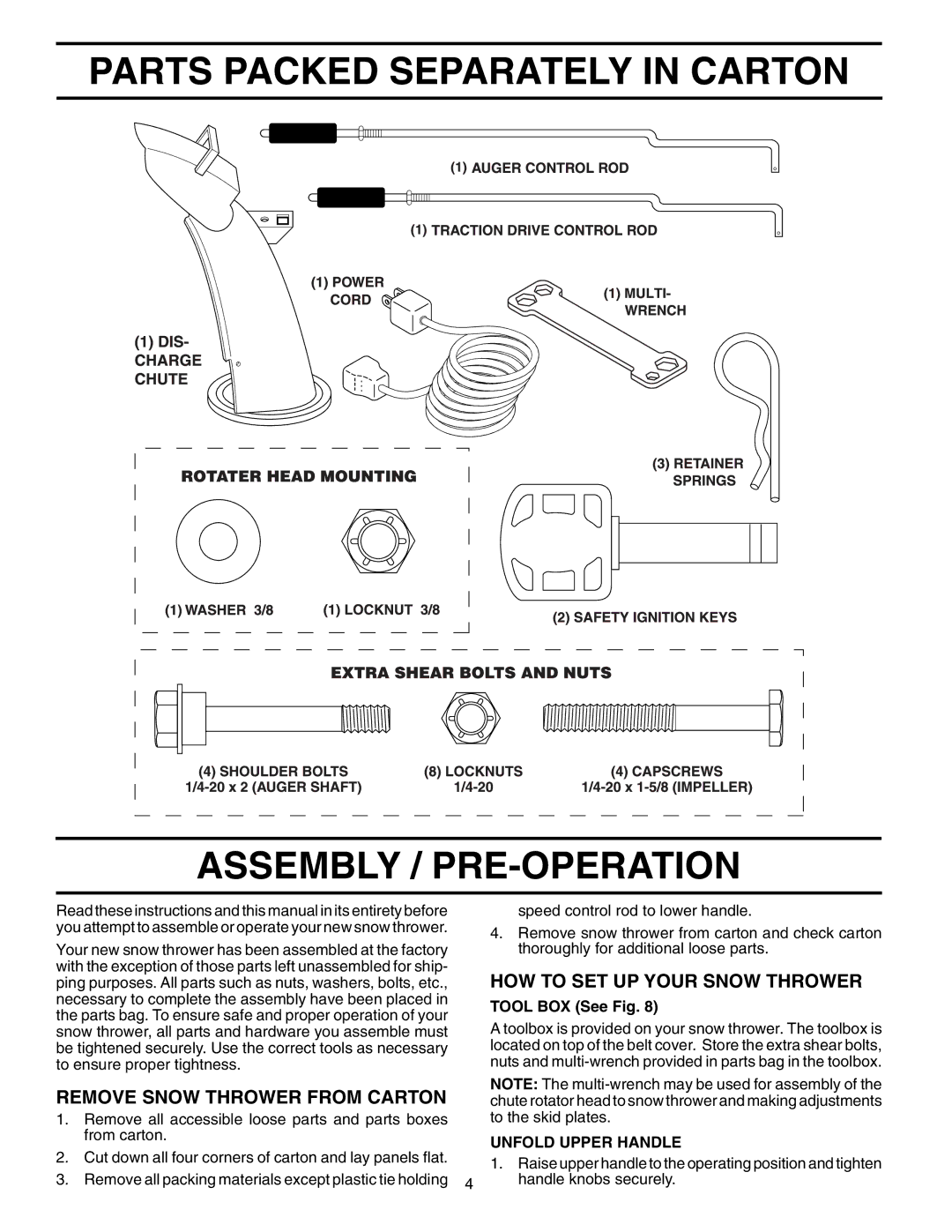 Poulan 199434 owner manual Parts Packed Separately in Carton Assembly / PRE-OPERATION, HOW to SET UP Your Snow Thrower 