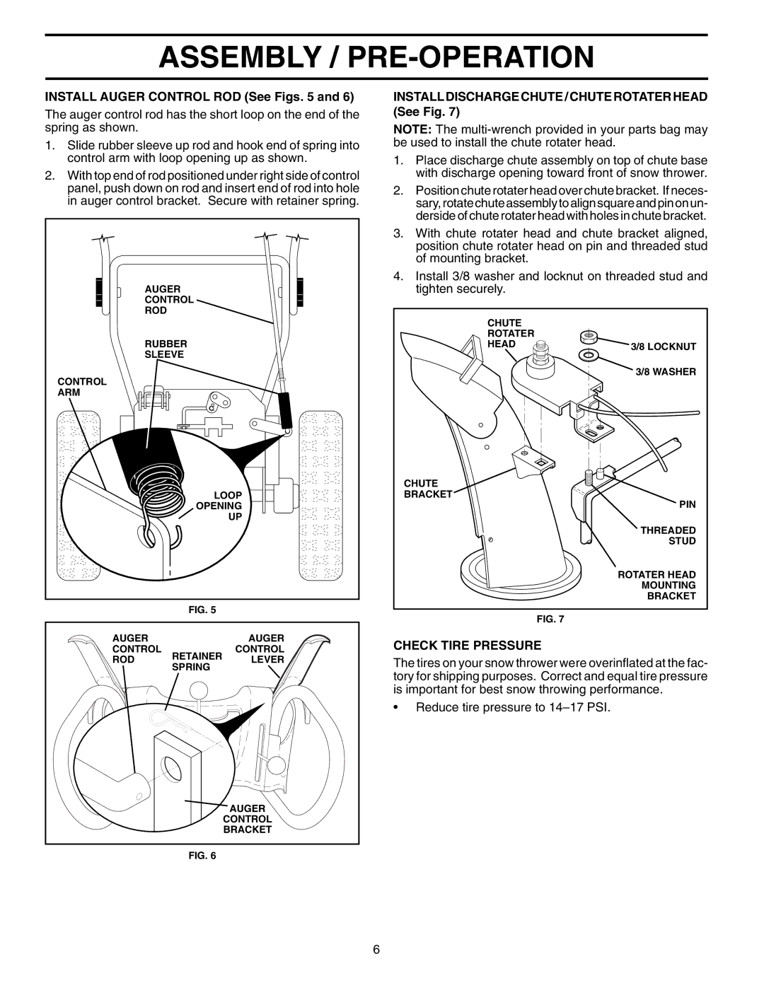 Poulan 199434 owner manual Install Auger Control ROD See Figs, Install Discharge Chute / Chute Rotater Head See Fig 