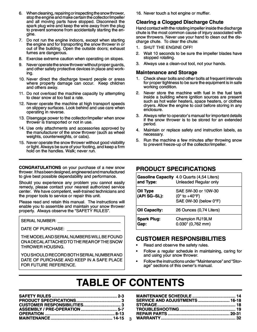 Poulan 199600 Table Of Contents, Clearing a Clogged Discharge Chute, Maintenance and Storage, Product Specifications 