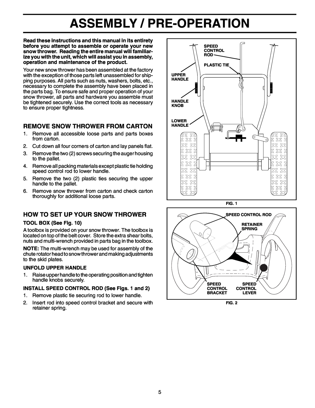 Poulan 199600 owner manual Assembly / Pre-Operation, Remove Snow Thrower From Carton, How To Set Up Your Snow Thrower 