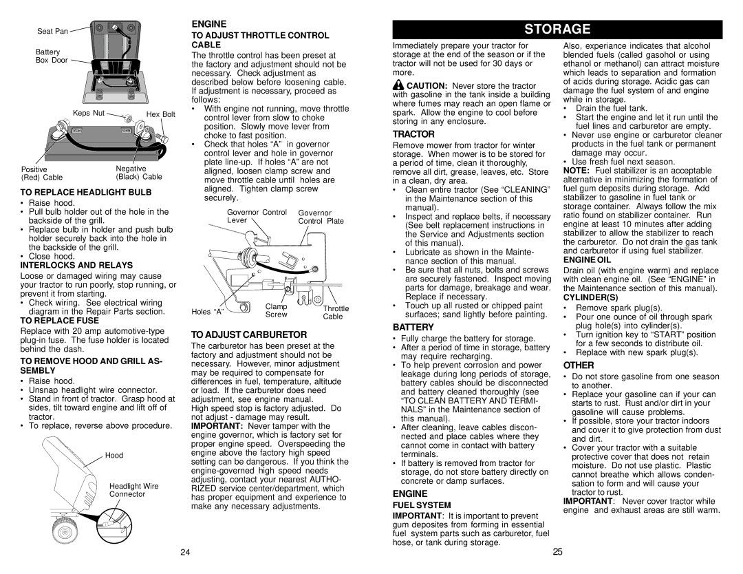 Poulan 2001-01, 177110 owner manual Storage, To Adjust Carburetor, Battery, Other 