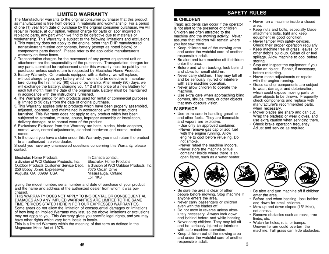 Poulan 177110, 2001-01 owner manual III. Children, IV. Service 