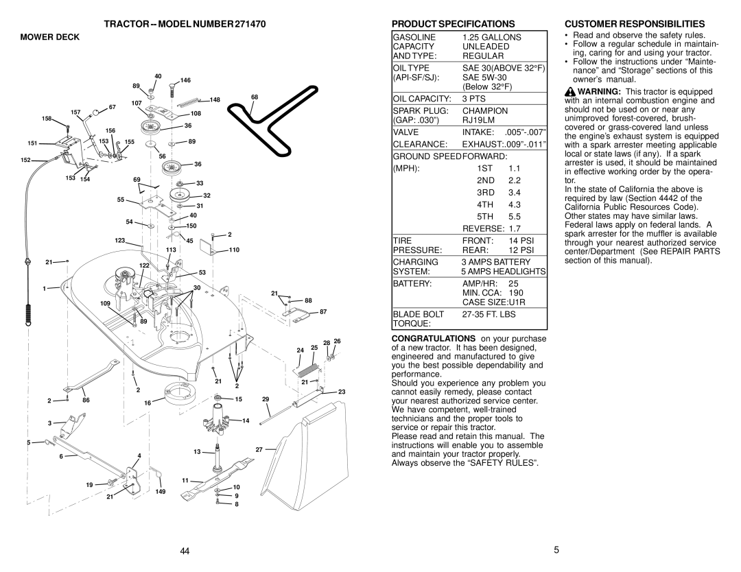 Poulan 177110, 2001-01 owner manual Product Specifications, Customer Responsibilities 