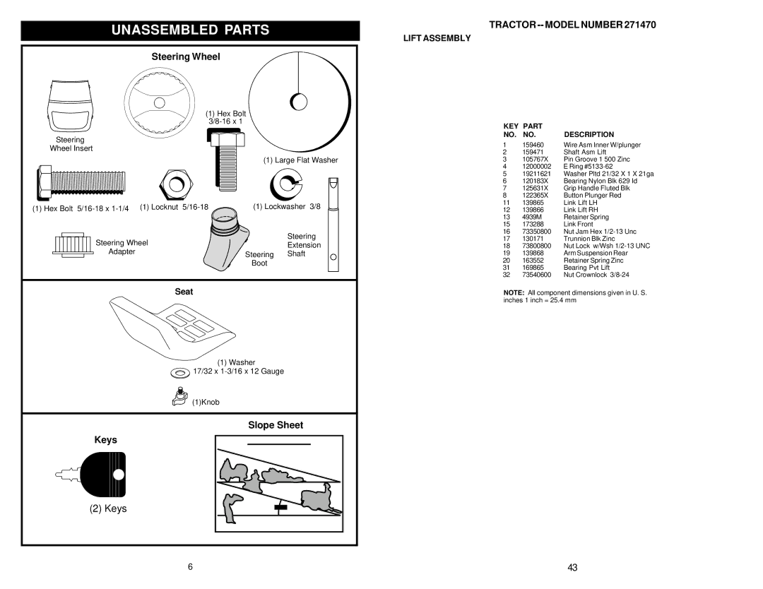 Poulan 2001-01, 177110 owner manual Unassembled Parts, Seat, Lift Assembly, KEY Part NO. NO. Description 