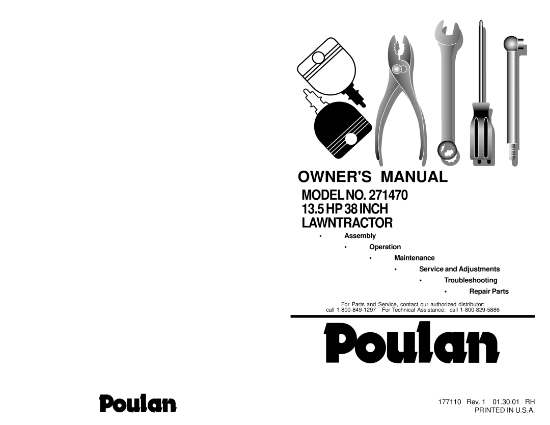 Poulan 177110 owner manual Assembly Operation Maintenance Service and Adjustments, Troubleshooting Repair Parts, Modelno 