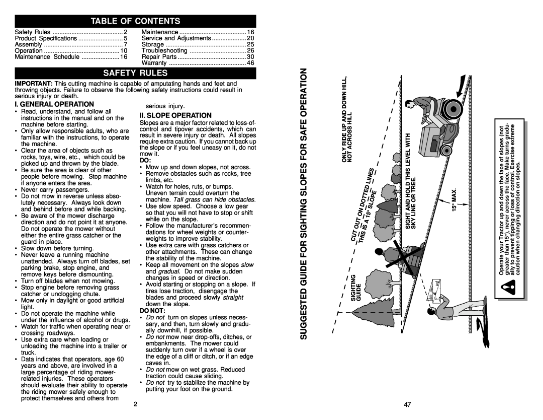 Poulan 2001-01, 177110 Table Of Contents, Safety Rules, Operation, Suggested Guide For Sighting Slopes For Safe, Do Not 