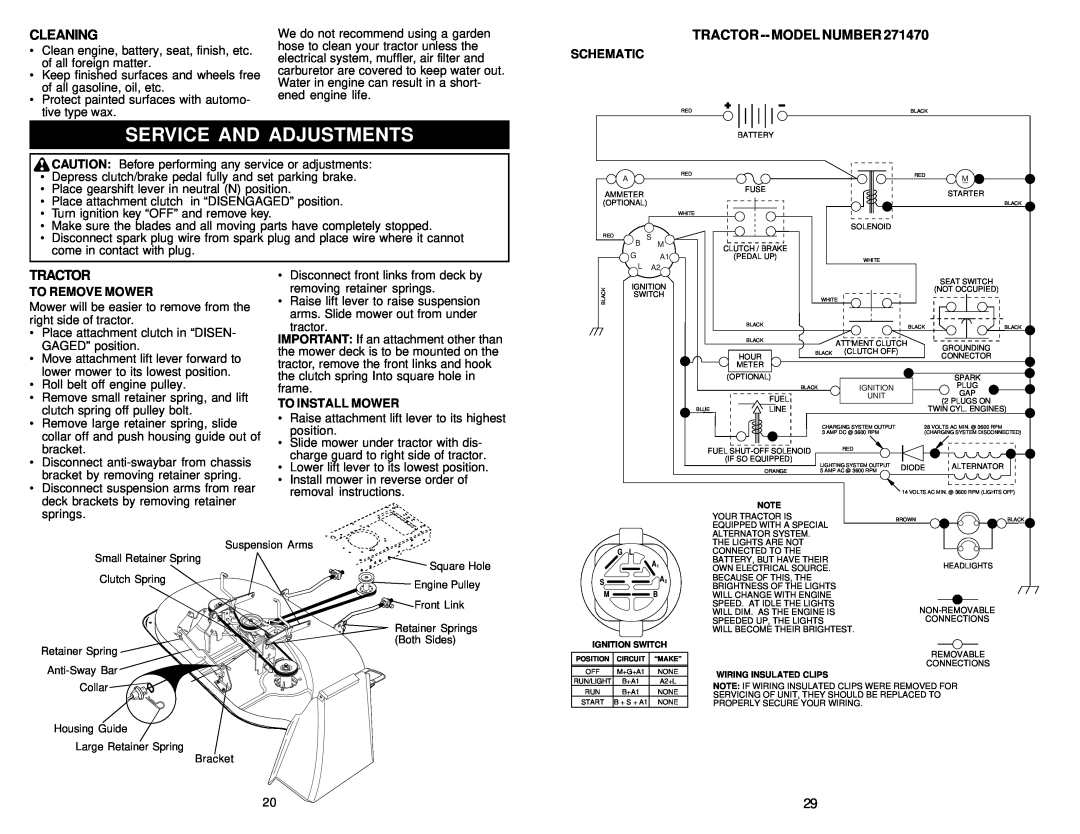 Poulan 2001-01 Service And Adjustments, Cleaning, Schematic, To Remove Mower, To Install Mower, Tractor -- Model Number 