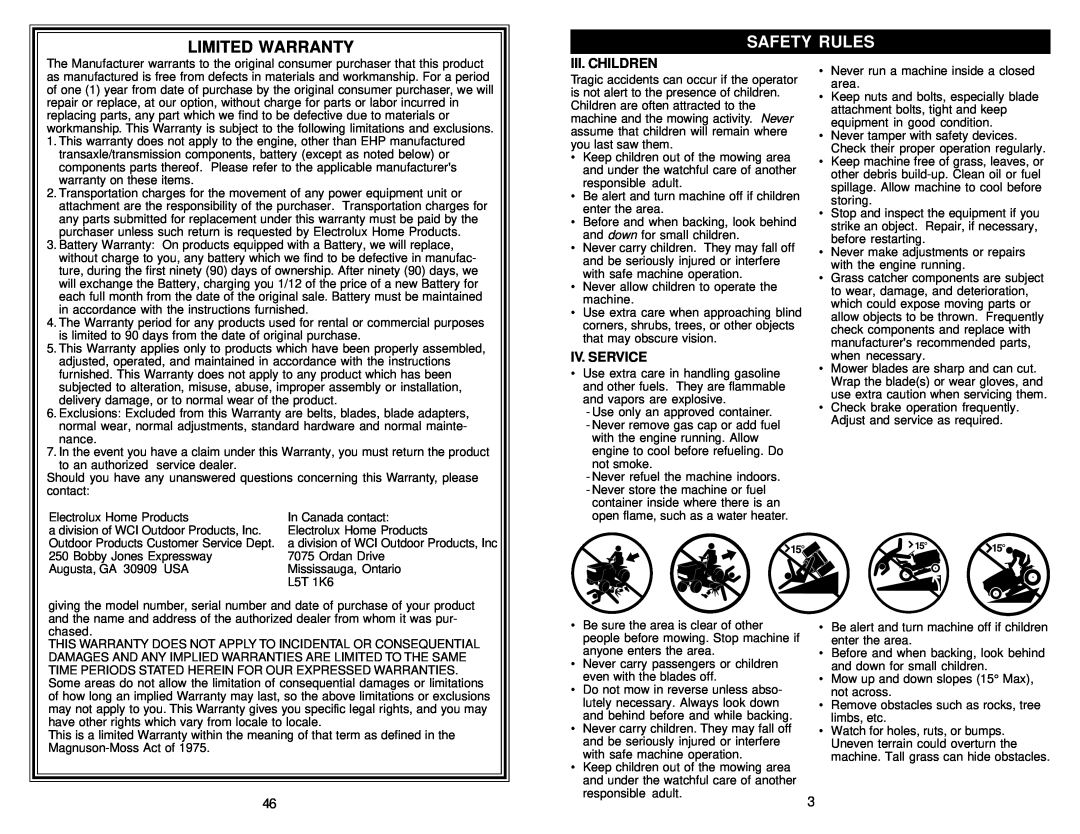 Poulan 177110, 2001-01 owner manual Limited Warranty, Iii. Children, Iv. Service, Safety Rules 