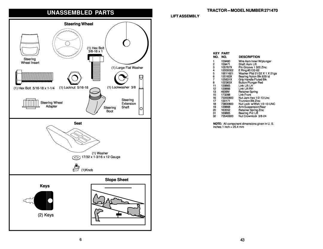 Poulan 2001-01, 177110 Unassembled Parts, Steering Wheel, Slope Sheet, Keys, Seat, Lift Assembly, Tractor -- Model Number 