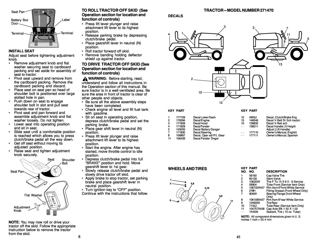 Poulan 2001-01, 177110 owner manual Wheels And Tires, Install Seat, Decals, Tractor -- Model Number, 4,10 