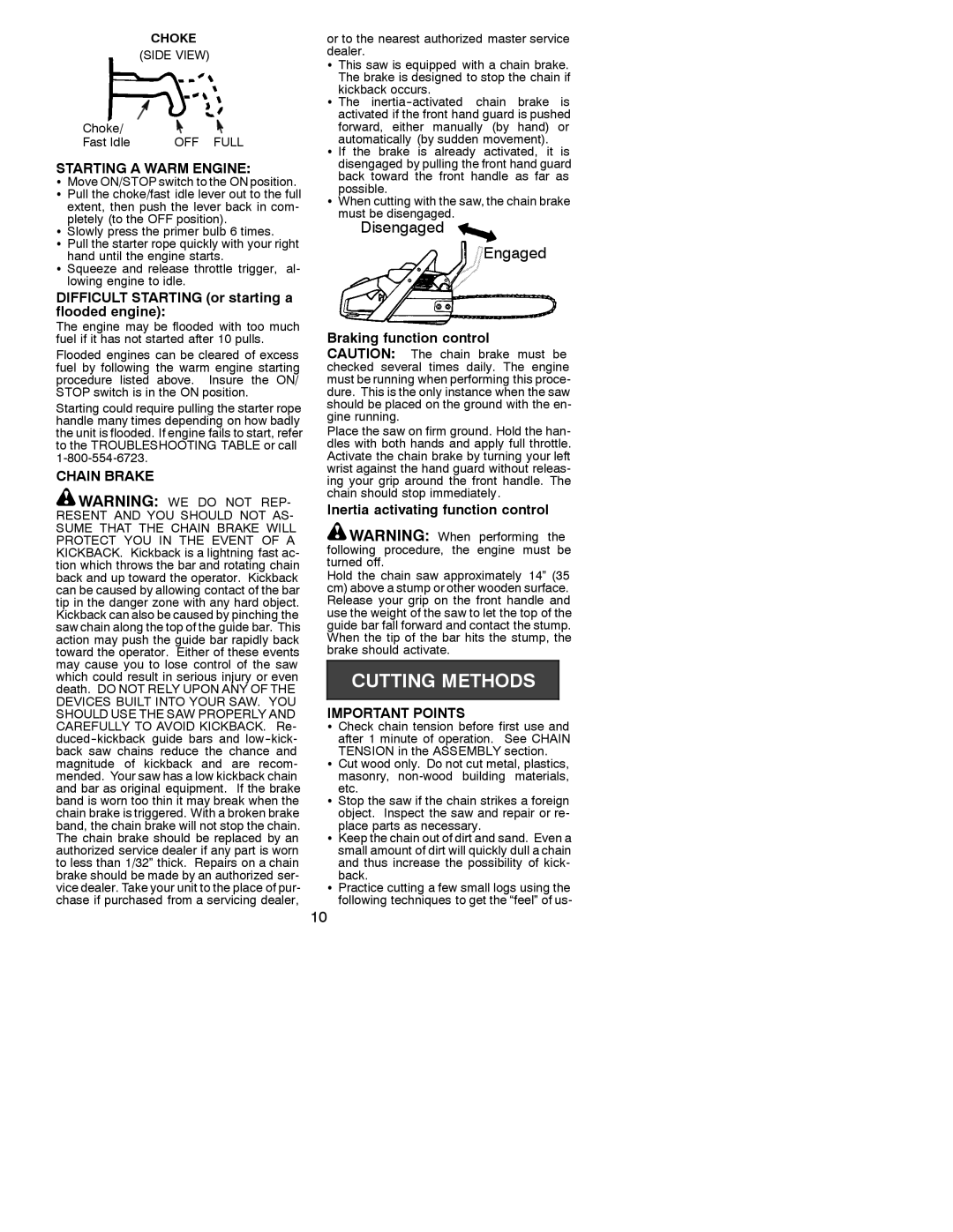 Poulan 2001-02 Starting a Warm Engine, Braking function control, Inertia activating function control, Important Points 