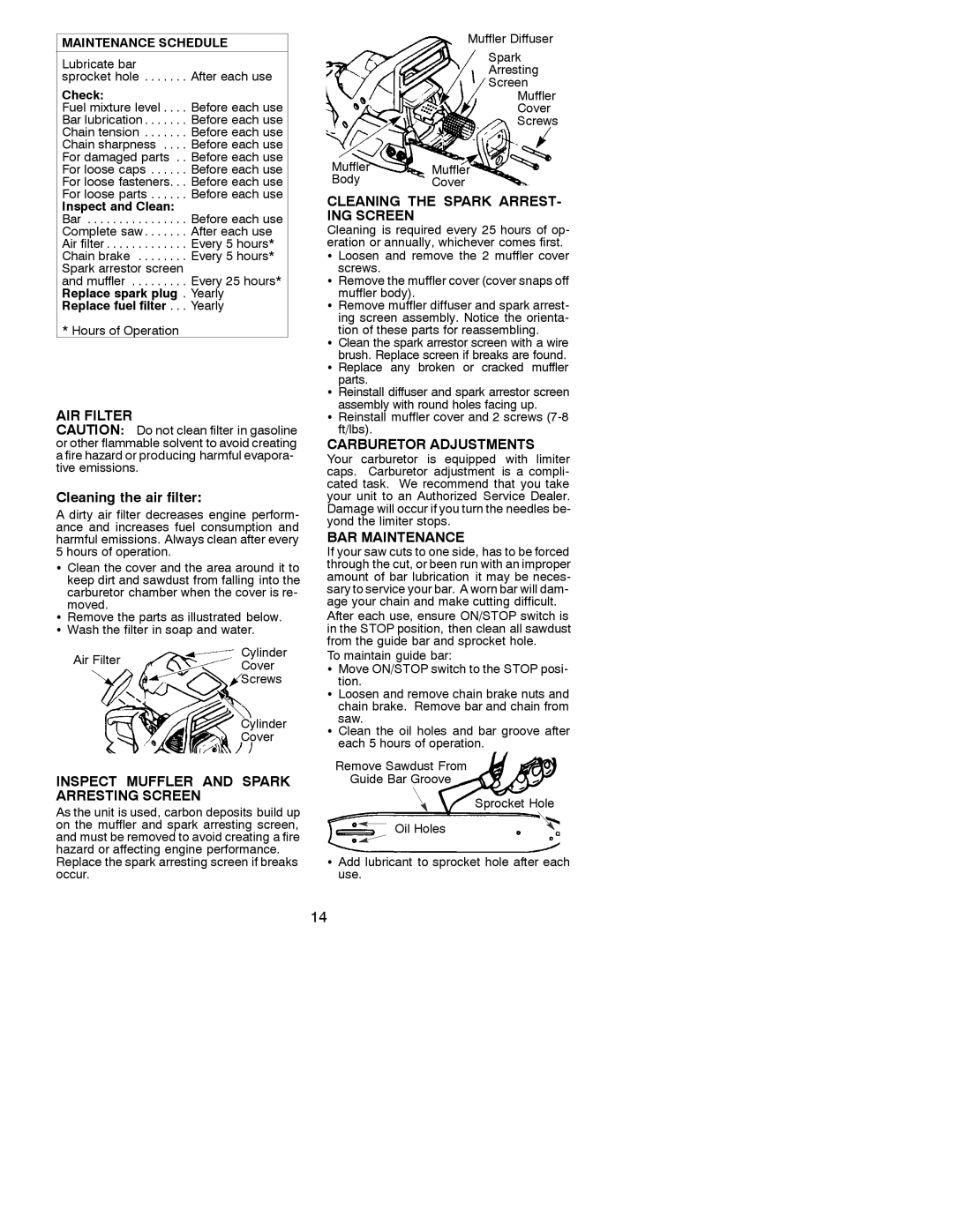 Poulan 2001-02 manual AIR Filter, Inspect Muffler and Spark Arresting Screen, Cleaning the Spark ARREST- ING Screen 