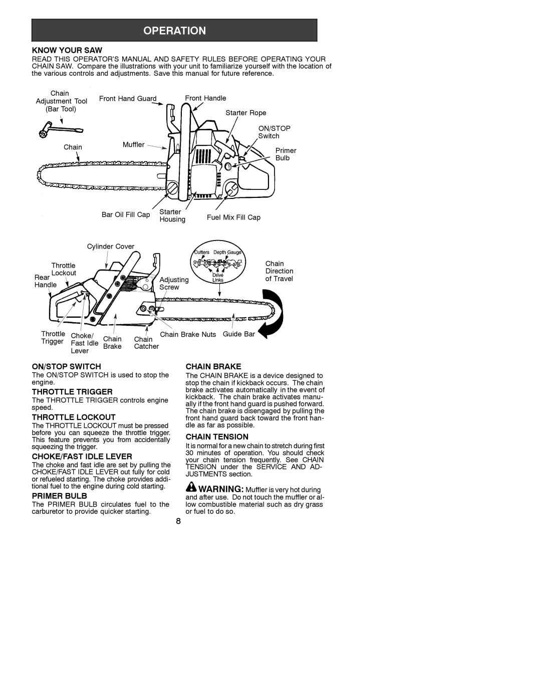 Poulan 2001-02 manual Know Your SAW, ON/STOP Switch, Throttle Trigger, Throttle Lockout, CHOKE/FAST Idle Lever, Primer Bulb 